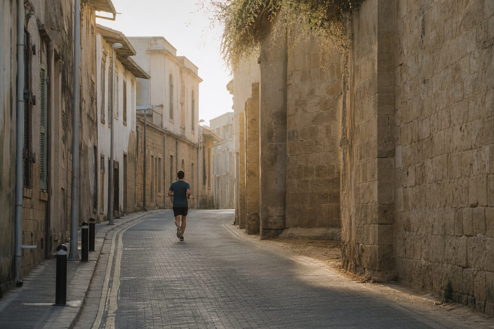 A runner on a cobbled street in old Nicosia at first light.