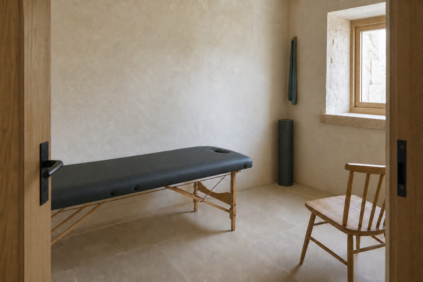A treatment room at Northgate Physio with a plinth, a wooden chair, a foam roller and a resistance band.